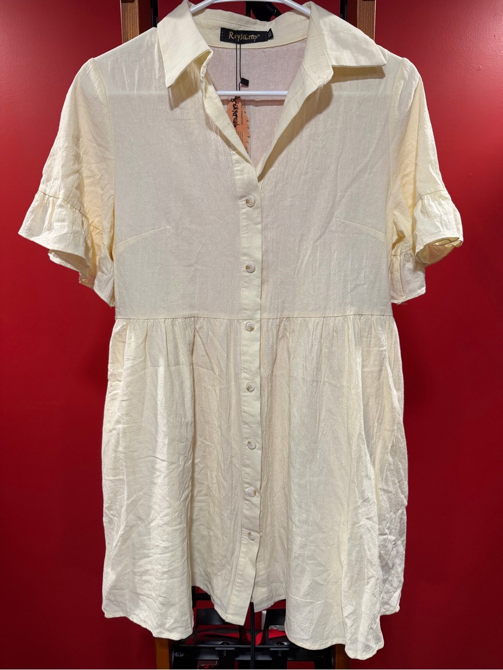 ROYLAMP Soft Yellow Ruffle Sleeve Button Down Shirt Dress XS NWT